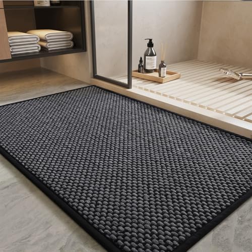 PADOOR-Bath Mat-Super Absorbent Chenille Bathroom Mats-Rubber Backed Bath Mats for Bathroom Non Slip, Easy Clean Bathroom Rugs Front of Bathtub,Shower Room,Sink-17×28, Darkgrey&Black