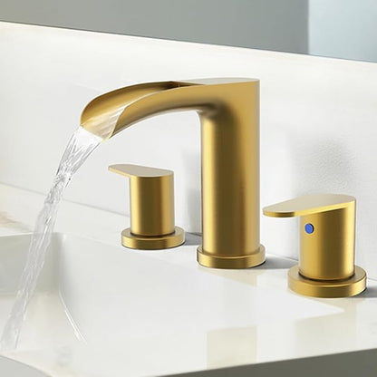 Brushed Gold Waterfall Bathroom Faucets - Waterfall 8 Inch Gold Widespread Bathroom Sink Faucet, 2 Handles Vanity Faucets 3 Holes for Restroom RV Bathtub with Pop Up Drain & Supply Lines