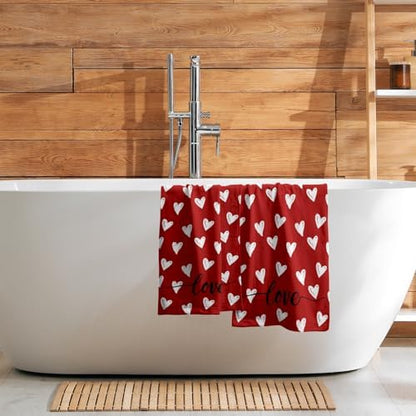 Love Hearts Hand Towel Set of 2, Cute Valentine's Day Red Soft Absorbent Dish Tea Towels Washcloths 14x28 Inch Home Hotel Kitchen Bathroom Wedding Anniversary Decor
