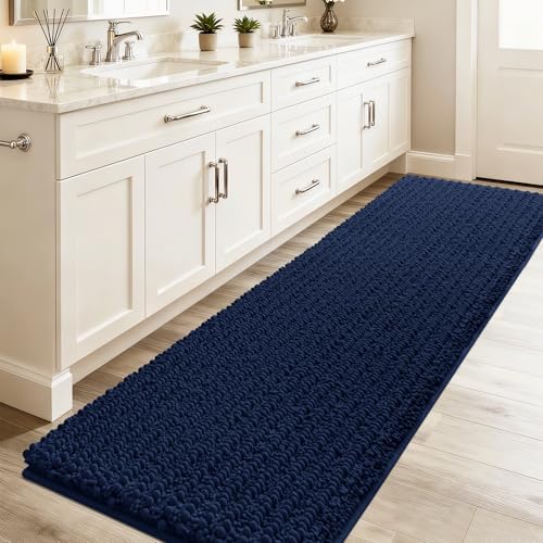 ACCUMTEK Extra Long Upgrade Luxury Navy Blue Bathroom Rug Mat 70"x24", Ultra Soft Thick Absorbent Bath Mats, Non Slip Chenille Toilet Mat for Bathroom, Bedroom, Kitchen, Shower, Tub