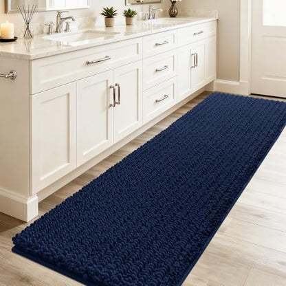 ACCUMTEK Extra Long Upgrade Luxury Navy Blue Bathroom Rug Mat 70"x24", Ultra Soft Thick Absorbent Bath Mats, Non Slip Chenille Toilet Mat for Bathroom, Bedroom, Kitchen, Shower, Tub