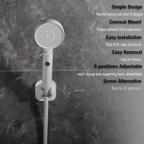 Handle held Shower Head Holder - 5 Positions Adjustable - Conceald Adhesive Mount with Screw Option- RV Camping Shower Head Holder (Gloss White)