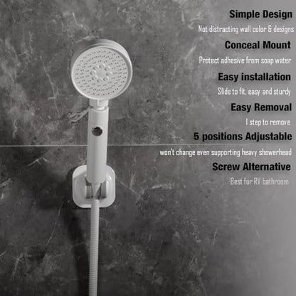 Handle held Shower Head Holder - 5 Positions Adjustable - Conceald Adhesive Mount with Screw Option- RV Camping Shower Head Holder (Gloss White)