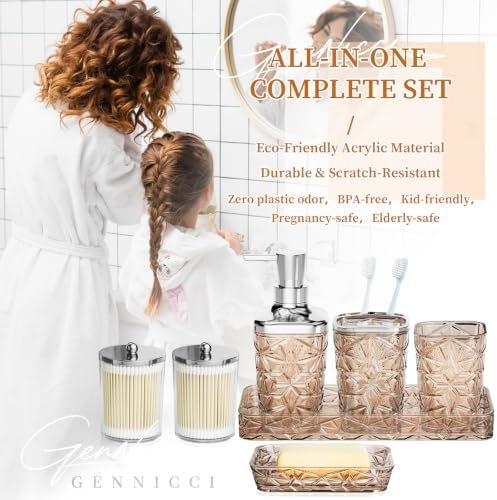Bathroom Accessory Set, 7 Pcs Brown Bathroom Set, Acrylic Soap Dispenser and Toothbrush Holder Set, Qtip Holder Set, Bathroom Sink Set, Gift for Home Apartment