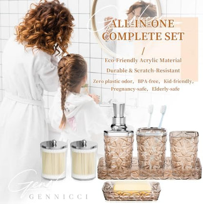 Bathroom Accessory Set, 7 Pcs Brown Bathroom Set, Acrylic Soap Dispenser and Toothbrush Holder Set, Qtip Holder Set, Bathroom Sink Set, Gift for Home Apartment