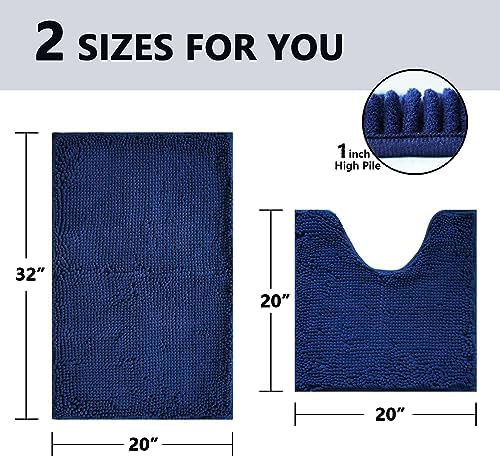 BOANKODU Bathroom Rugs Sets 2 Piece, Absorbent Bath Mat for Bathroom Very Soft Chenille Non-Slip, 32x20 + 20x20 Inch U Shape Bathroom Mat, Machine Washable Bath Rugs (Navy Blue)