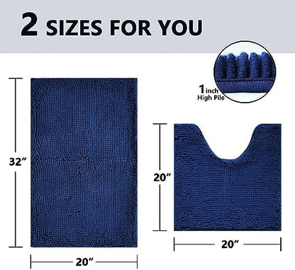 BOANKODU Bathroom Rugs Sets 2 Piece, Absorbent Bath Mat for Bathroom Very Soft Chenille Non-Slip, 32x20 + 20x20 Inch U Shape Bathroom Mat, Machine Washable Bath Rugs (Navy Blue)