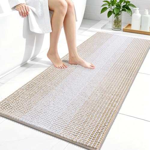 OLANLY Bathroom Runner Rugs 44x24, Soft Chenille Striped Bath Rugs, Beige