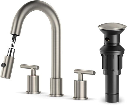 Brushed Nickel Pull Down Bathroom Faucet with Pop-up Drain, 8 inch Widespread Bathroom Faucet 3 Hole with Pull Down Sprayer 2 Modes, 8'' Brushed Nickel Bathroom Faucet with Supply Lines