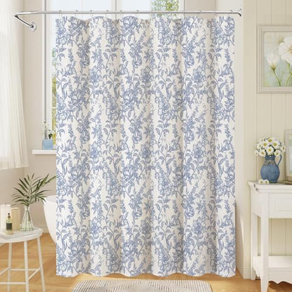 Blue Boho Linen Fabric Shower Curtain , Farmhouse Floral For Bathroom
