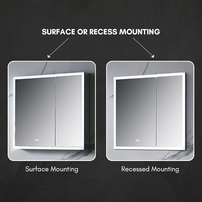 Blossom LED Mirror Medicine Cabinet with Lights, 36x32 Inch, Wall Mounted LED Lighted Bathroom Medicine Cabinet, Recessed/Surface with Defogger, Adjustable Brightness, Makeup Mirror with Lights