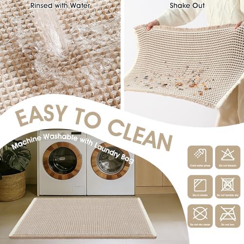 Waffle Bath Mat, Boho Woven Modern Bath Rug Absorbent Non Slip, Ultra Soft Bathroom Mats, Machine Washable Knit Bath Rugs with Rhombus for Bathroom, Bedroom, Kitchen, Shower, 32"x20", Beige & White