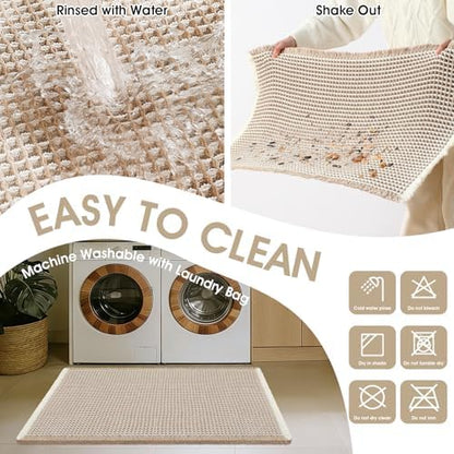Waffle Bath Mat, Boho Woven Modern Bath Rug Absorbent Non Slip, Ultra Soft Bathroom Mats, Machine Washable Knit Bath Rugs with Rhombus for Bathroom, Bedroom, Kitchen, Shower, 36"x24", Beige & White