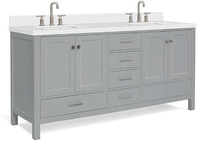 ARIEL Cambridge 72-inch Bathroom Vanity with Sink,Solid Wood, 1.5-inch Pure White Quartz Countertop & Backsplash, Double Rectangular Porcelain Sink, 4 Soft Closing Doors, 6 Dovetail Drawers, Grey