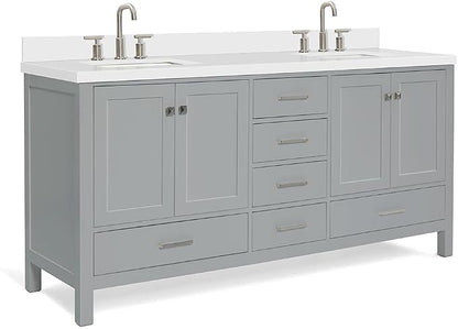 ARIEL Cambridge 72-inch Bathroom Vanity with Sink,Solid Wood, 1.5-inch Pure White Quartz Countertop & Backsplash, Double Rectangular Porcelain Sink, 4 Soft Closing Doors, 6 Dovetail Drawers, Grey