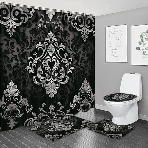 NBVKO 4Pcs Luxury Damascus White Flower Pattern Shower Curtain Set with 12 Hooks Non-Slip Rugs,Toilet Lid Cover and Bath Mat,Dark Gold Bathroom Decor for Hotel & Home Bathroom