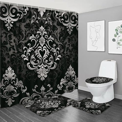 NBVKO 4Pcs Luxury Damascus White Flower Pattern Shower Curtain Set with 12 Hooks Non-Slip Rugs,Toilet Lid Cover and Bath Mat,Dark Gold Bathroom Decor for Hotel & Home Bathroom