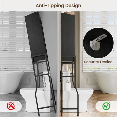 Memobarco Over The Toilet Storage Cabinet with 2-Door & Metal Stand, Black
