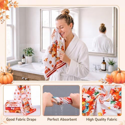 FuWeave 8Pcs Hello Fall Shower Curtain Set, Vintage Truck Gnome Scarecrow Pumpkin Bathroom Decor, Includes Non-Slip Bath Rug, U-Shaped Mat, Toilet Lid Cover, Towels & 12 Hooks, Autumn Harvest Decor
