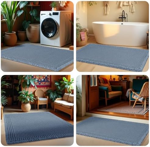 Upgrade Waffle Bath Mat Set 2 Piece, Boho Bathroom Rugs Absorbent Non Slip, Ultra Soft Bathroom Mat, Machine Washable Knit Bath Rugs with Border for Bathroom, Bedroom, Kitchen, Shower, Tub, Blue