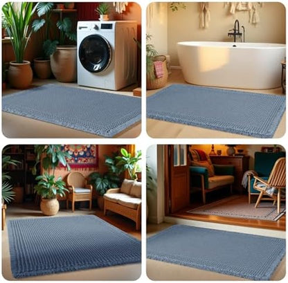 IM HOME Extra Large Waffle Bath Mat, Boho Bathroom Rugs Absorbent Non Slip, Ultra Soft Bathroom Mat, Machine Washable Knit Bath Rugs with Tassels for Bathroom, Bedroom, Kitchen, Tub, 5'x2', Blue