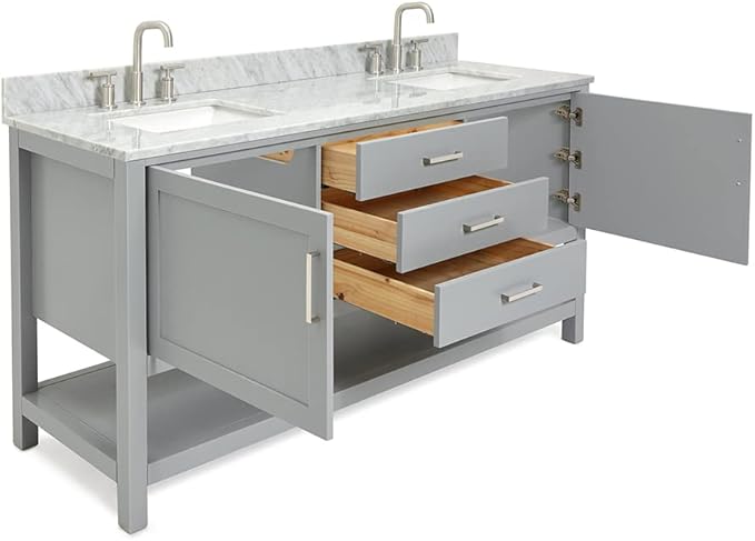 ARIEL Bayhill 72-inch Bathroom Vanity with Sink,Solid Wood, 0.75-inch Italian Carrara Marble Countertop, Double Rectangular Porcelain Sink, 2 Soft Closing Doors, 3 Dovetail Drawers, Grey