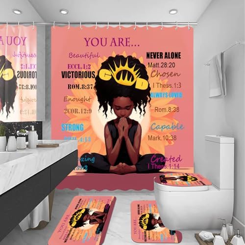 4PCS Black Praying Girl Shower Curtain Set, Inspirational Quote Cute African American Girl Bathroom Decor Sets with Shower Curtain and Rug Toilet Lid Cover and Bat Mat