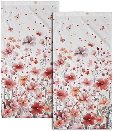 Wildflowers Hand Towel Set of 2, 14x28 Inch Orange Red Floral Butterfly Absorbent Soft Dish Washing Cloth Towels for Farmhouse Kitchen Bathroom Home Hotel Gym Spring Season Decor