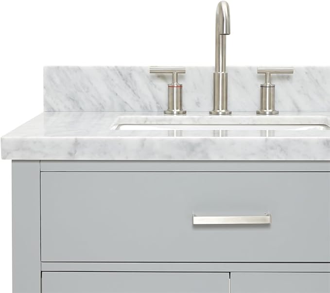 DKB Alenza 72 Inch Bathroom Vanity Double Sink — Grey Bathroom Vanity with Sink, 1.5" Edge Italian Carrara Marble Countertop & Backsplash, 4 Soft-Close Doors, 4 Dovetail Drawers