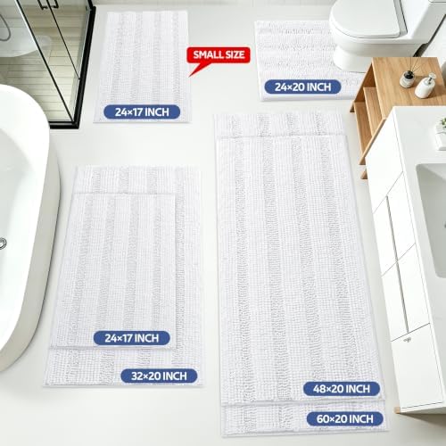 ACCUMTEK Striped White Bathroom Rug Set 3 Pieces Ultra Soft, Non Slip Chenille Toilet Mat, Absorbent Plush Shaggy Bath Mats for Bathroom, Bedroom, Kitchen, Ivory
