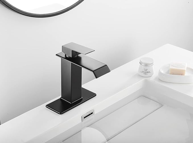 Black Bathroom Faucet Waterfall One Handle Hole Bathroom Sink Faucet Washbasin Faucet with Deck Plate Bath Vanity Lavatory Tap Modern Commercial Drian with Overflow Include