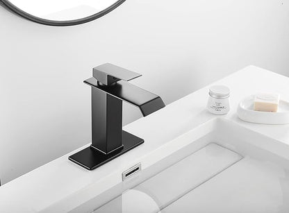 Black Bathroom Faucet Waterfall One Handle Hole Bathroom Sink Faucet Washbasin Faucet with Deck Plate Bath Vanity Lavatory Tap Modern Commercial Drian with Overflow Include