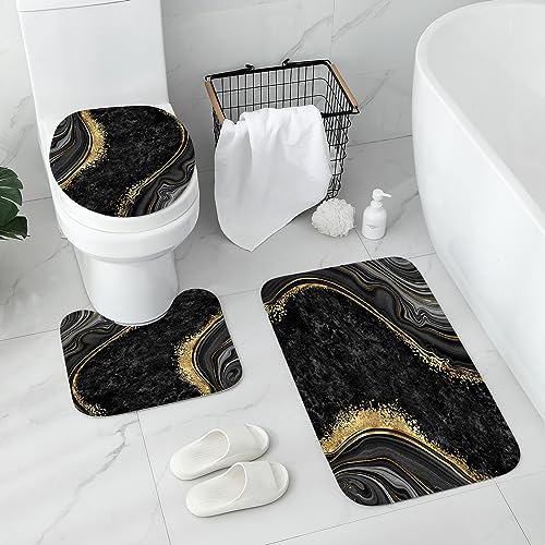 Gibelle 4 Pcs Luxury Marble Shower Curtain Set with Non-Slip Rugs, Toilet Lid Cover and Bath Mat, Black Gold Bathroom Decor Set with Shower Curtain and Rugs and Accessories