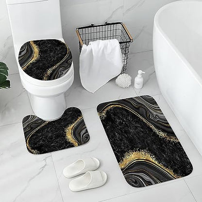 Gibelle 4 Pcs Luxury Marble Shower Curtain Set with Non-Slip Rugs, Toilet Lid Cover and Bath Mat, Black Gold Bathroom Decor Set with Shower Curtain and Rugs and Accessories