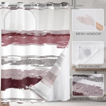 No Hook Shower Curtain with Liner, Red Stripe, 71x74 Inch