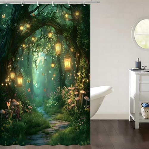 Fantasy Forest Path Shower Curtain Fairy Magical Enchanted Misty Jungle Mushroom Floral Tree Butterfly Lantern Wonderland Bath Curtain Fabric Bathroom Accessories Decor with Hooks 35W x70L