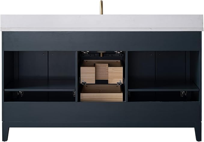 Vanity Art 60" Bathroom Vanity with Single Sink & Arabescato White Engineered Stone Top, Soft Closing Door, Solid Wood Frame, Golden Brushed Handles, Vintage Spruce Blue VA8160S-VSB-GB