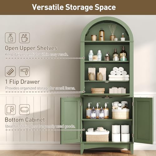 RALGEND 66" Tall Bathroom Cabinet Set of 2, Freestanding Cabinet with Doors & Shelves,Arched Cabinets for Bathroom, Living Room, Kitchen, Laundry, Green