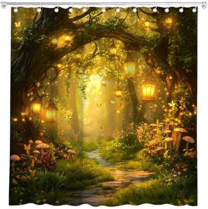 Fantasy Forest Path Shower Curtain Yellow Fairy Magical Enchanted Misty Jungle Mushroom Floral Tree Butterfly Lantern Wonderland Bath Curtain Fabric Bathroom Accessories Decor with Hooks 70W x90L