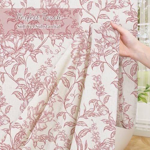 Pink Boho Linen Fabric Shower Curtain , Farmhouse Floral For Bathroom