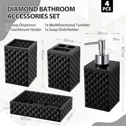 RYTOXILO Black Bathroom Accessories Set, 4 Pack Matte Black Bath Accessory Sets Complete, Acrylic Soap Dispenser and Toothbrush Holder Set for Bathroom Counter Sink, Modern Bathroom Decor