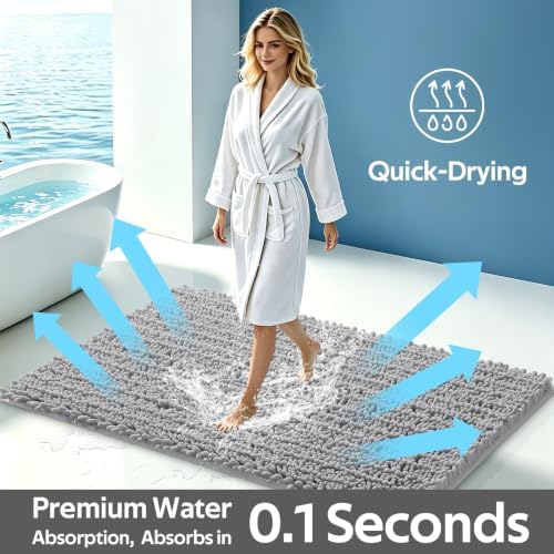 ACCUMTEK Upgrade Extra Large Light Grey Bathroom Rug Set 3 Pieces Gray Ultra Soft, Thick Absorbent Bath Mats, Non Slip Chenille Toilet Mat for Bathroom, Bedroom, Kitchen