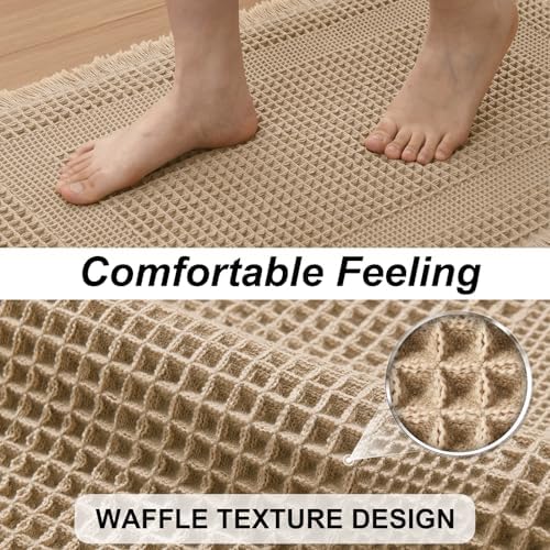 JIUZHEN Waffle Bath Mat Super Absorbent Bath Mat Non Slip Boho Bath Rugs for Bathroom Floor Machine Washable Quick Drying Bathroom Rugs with Tassels, 20" x 32", Loop-Brown