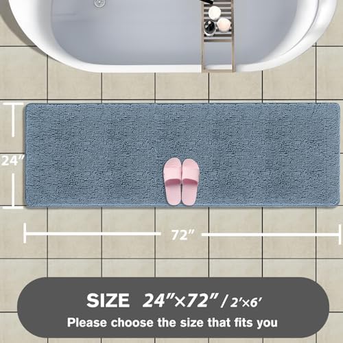 Bathroom Runner Rug 24 x 72 Non Slip – Extra Long Bath Mat | Absorbent and Washable Thick Chenille Runner Rug for Bathroom, Shower, Tub, Sink(Blue)