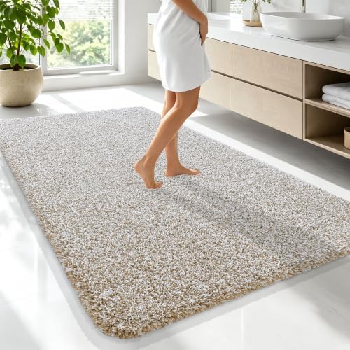 OLANLY Microfiber Bathroom Rugs 70x46, Quick Dry Bath Mat, Beige and White