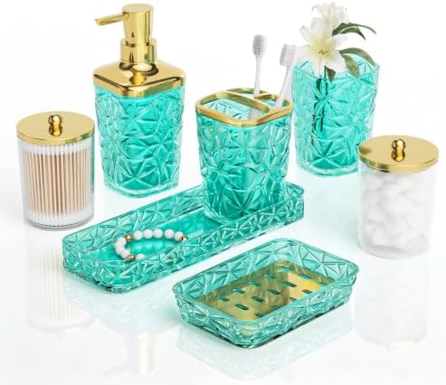 Bathroom Accessories Set, 7 Pcs Teal Bathroom Set, Acrylic Soap Dispenser and Toothbrush Holder Set, Qtip Holder Set, Bathroom Sink Set, Gift for Home Apartment