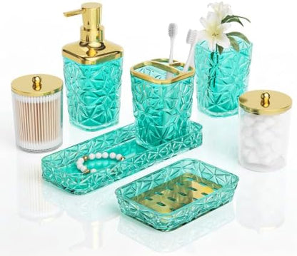 Bathroom Accessories Set, 7 Pcs Teal Bathroom Set, Acrylic Soap Dispenser and Toothbrush Holder Set, Qtip Holder Set, Bathroom Sink Set, Gift for Home Apartment
