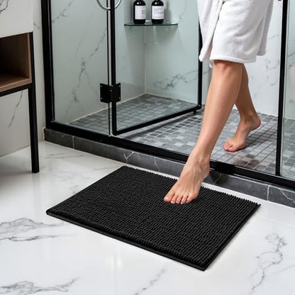SUBRTEX Bathroom Rugs Chenille Bath Rug Soft Short Plush Bath Mat Soft Shower Mat Water Absorbent Shower Mat Quick Dry Machine Washable(Black,18" x 24")