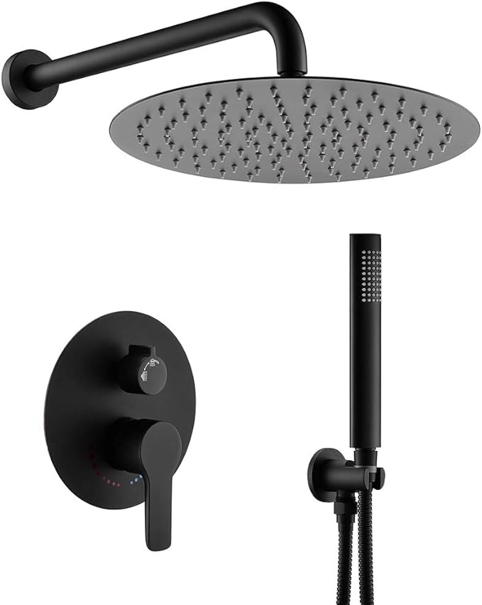 Matte Black Shower System, Shower Faucet Set Complete Rain Shower Head with Handheld, Bathroom Wall Mounted Rain Shower Fixture with Valve Set