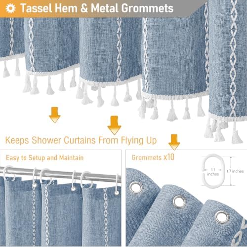 BTTN 54 x 72 Boho Farmhouse Linen Heavy Duty Cloth Shower Curtain Set, Blue